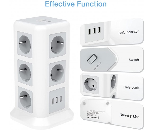 Prelungitor tip Turn Tessan TPS01, 11 prize, 3 USB 3.1A, cablu 2m, protectie la suprasarcina - Alb