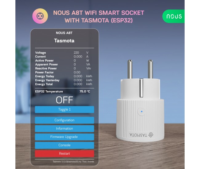 Priza Inteligenta WiFi NOUS A8T, 10A - Tasmota, ESP32