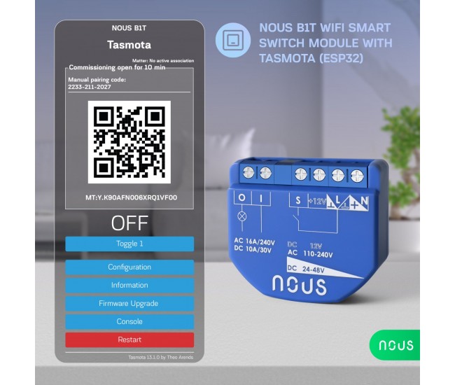 Releu wireless Nous B1T, 16A, Tasmota, Matter - 1 canal, ESP32