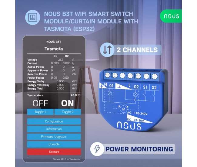 Releu wireless Nous B3T PM, 16A, Tasmota, Matter, Monitorizare energie,Modul Cortina - 2 canal, ESP32