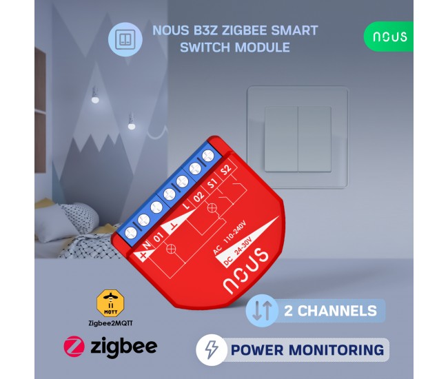 Releu inteligent Nous B3Z, 16A, ZigBee, 2 canal PM, Monitorizare energie