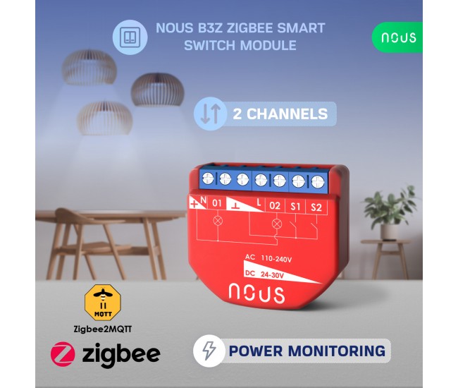 Releu inteligent Nous B3Z, 16A, ZigBee, 2 canal PM, Monitorizare energie