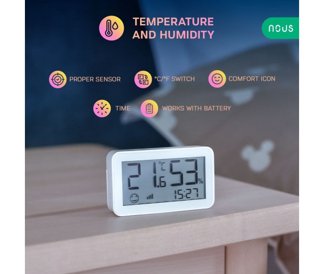 Senzor Smart de Temperatura si Umiditate Nous cu afisaj E6, LCD, ZigBee