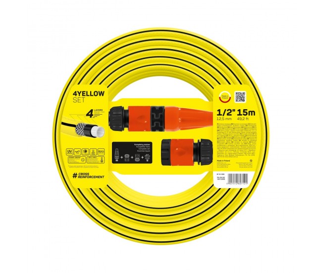 Set furtun pentru gradina Cellfast 4YELLOW, 1 2  , 15m, protectie UV, antirasucire, duza stropire, conectori