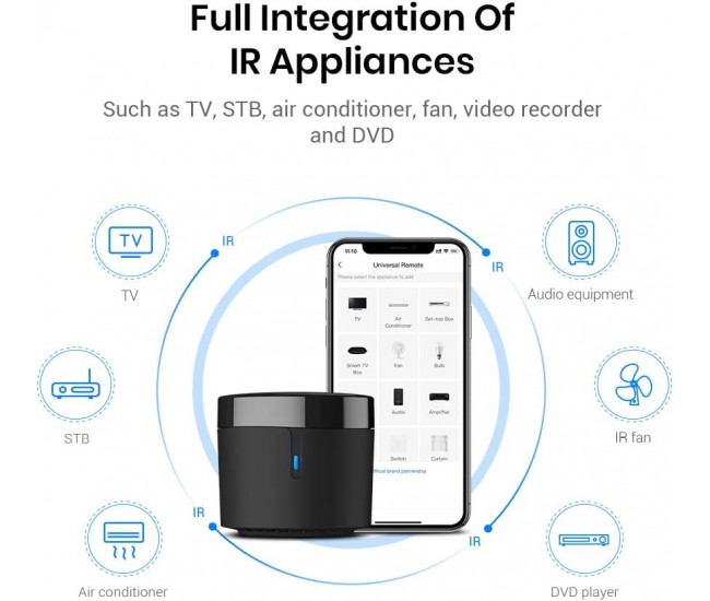 Telecomanda universala inteligenta BroadLink RM4 Mini, control IR, Wireless, 4G, compatibil Android iOS, Alexa Google Assistant, pentru aer conditionat, televizor, sistem audio - Resigilat