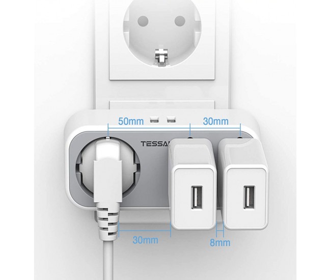 Triplu stecher cu USB Tessan TS-324, 16A, 2xUSB 2.4A