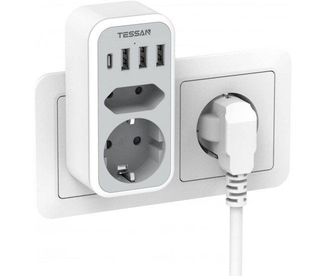 Priza Multipla Tessan TS-328, 2 Prize, 1 port USB-C, 3 Porturi USB, 240 V, Alb , 3600W