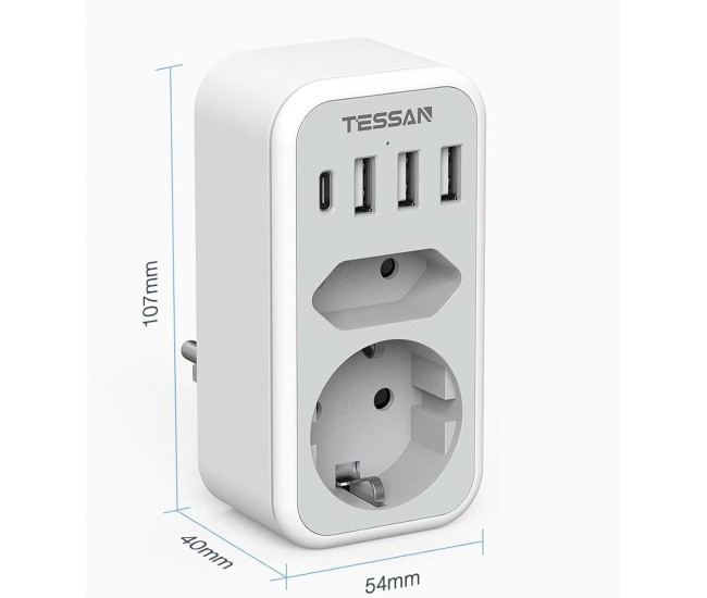 Priza Multipla Tessan TS-328, 2 Prize, 1 port USB-C, 3 Porturi USB, 240 V, Alb , 3600W