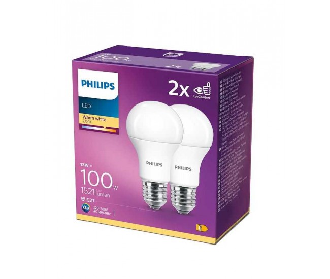 Set 2x Bec LED Philips E27 A60 13W (100W) 1521lm 2700K lumina calda 929001234531 2buc