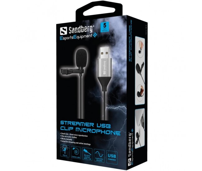 Microfon lavaliera cu clip Sandberg 126-19 USB 2m negru