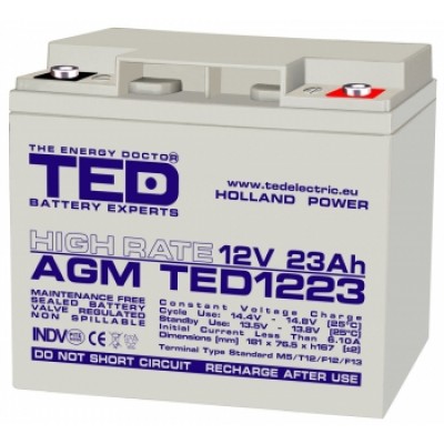 Acumulator 12V 23A AGM VRLA High Rate 181x76x167mm M5 TED Battery Expert Holland