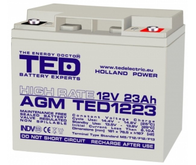 Acumulator 12V 23A AGM VRLA High Rate 181x76x167mm M5 TED Battery Expert Holland