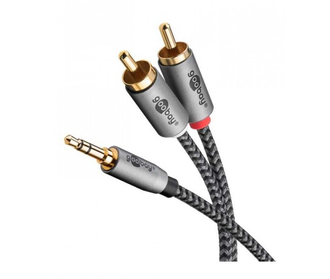 Cablu stereo premium extrem de flexibil textil 1m Jack 3.5 mm tata - 2x RCA tata negru Goobay Plus 65285