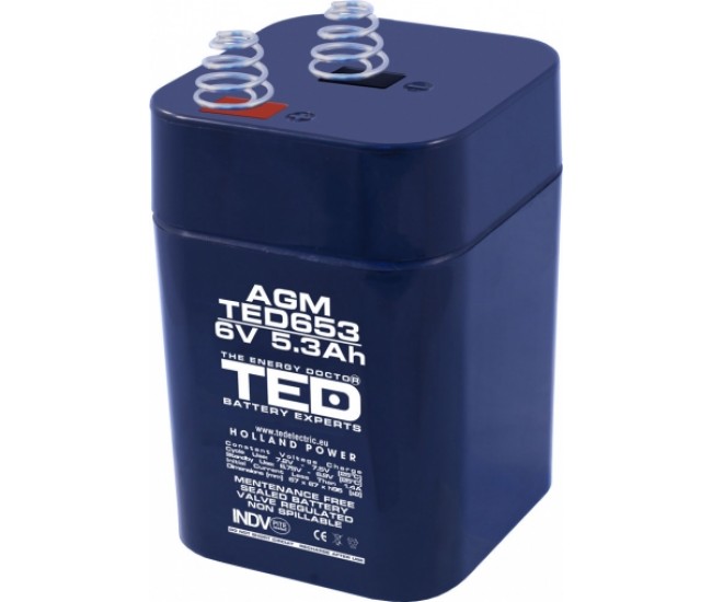 Acumulator AGM VRLA 6V 5.3A 67mm x 67mm x h 97mm cu arcuri tip 4R25 TED Battery Expert Holland