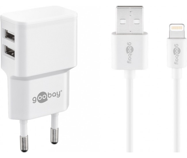 Incarcator dual Apple Lightning USB 2.4A 12W 1m alb Goobay