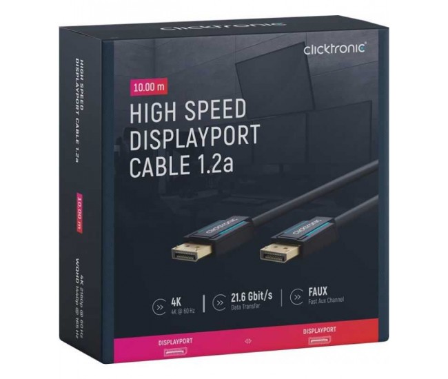 Cablu Profesional DisplayPort - DisplayPort 10m v1.2a 4K 60Hz 21.6Gbit/s AWG26 OFC Clicktronic 70715