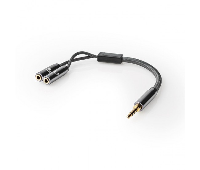 Adaptor audio pentru casti si microfon Jack 3.5 mm tata - 2x 3.5 mm mama Nedis gri metal