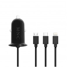 Adaptor 3in1 pentru bricheta auto 12-24V - USB + cablu Lightning Micro USB sau USB Type-C 3.1A negru M`N`C 54920BK