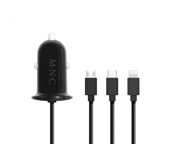 Adaptor 3in1 pentru bricheta auto 12-24V - USB + cablu Lightning Micro USB sau USB Type-C 3.1A negru M`N`C 54920BK