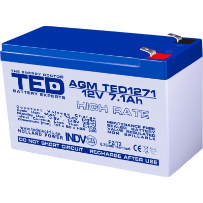 Acumulator AGM VRLA 12V 7.1A High Rate 151x65x95mm F2 TED Battery Expert Holland