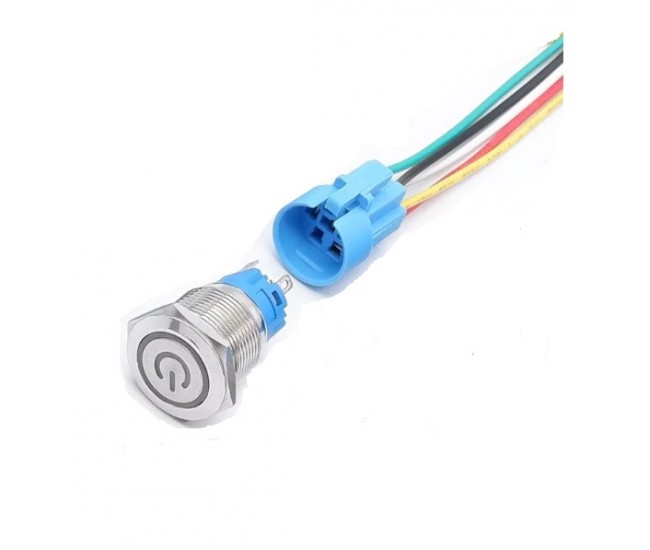 Intrerupator buton SW 2 fara retinere metal 16mm 12-24V LED albastru