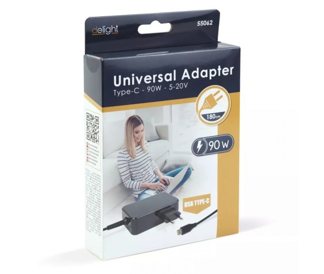 Adaptor incarcator USB-C 90W 5-20V 1.8m negru delight 55062