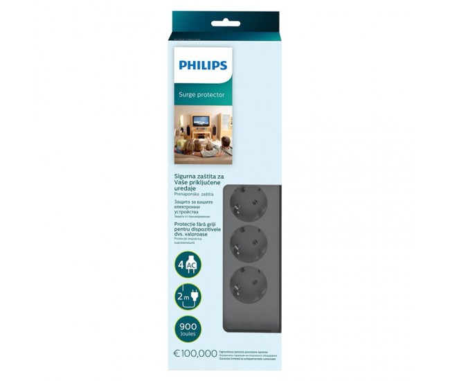 Prelungitor cu protectie 4 prize 2m gri PHILIPS SPN3140A