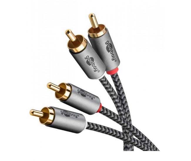 Cablu stereo 2x RCA tata-tata 0.5m premium extrem de flexibil textil negru Goobay Plus 65291