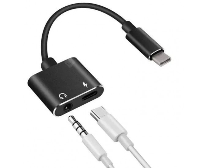 Cablu adaptor USB Type C tata - Jack 3.5 mm mama STEREO si USB Type C mama 7cm Well
