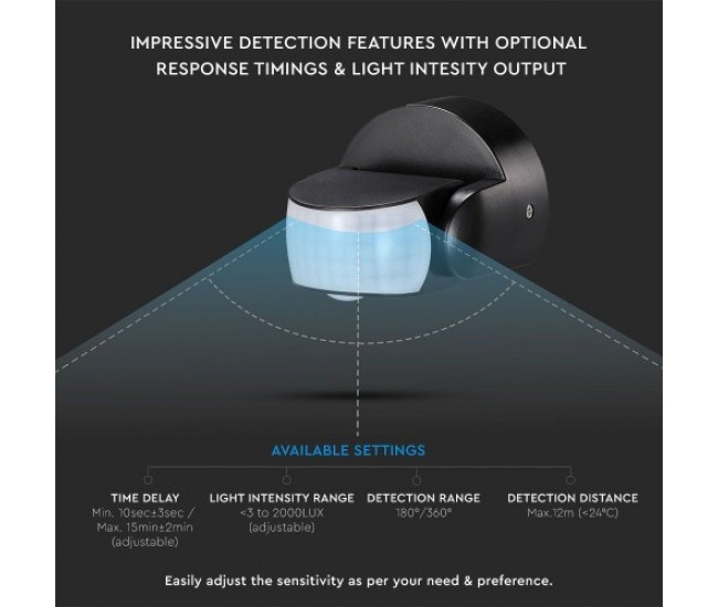 Senzor de miscare 180/360 grade 12m 1200W negru V-TAC