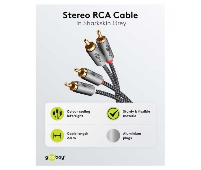 Cablu stereo 2x RCA tata-tata 2m premium extrem de flexibil textil negru Goobay Plus 65293