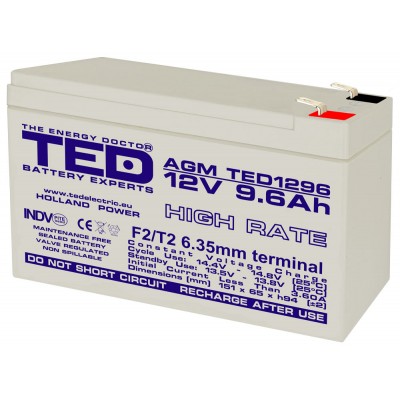 Acumulator AGM VRLA 12V 9.6A High Rate 151x65x95mm F2 TED Battery Expert Holland