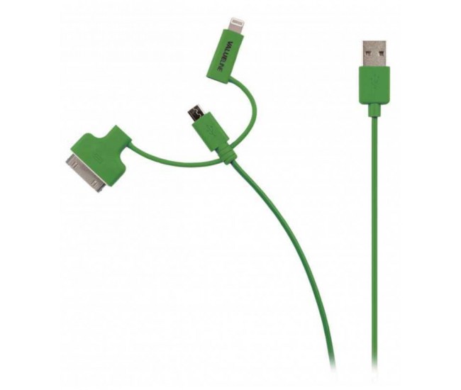 Cablu alimentare si sincronizare verde USB 2.0 - micro USB +adaptor lightning +Apple Dock 30pini 1m cupru Valueline