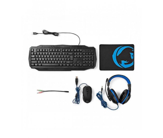 Kit Gaming cu fir 4 in 1 tastatura Casti Mouse MousePad Nedis