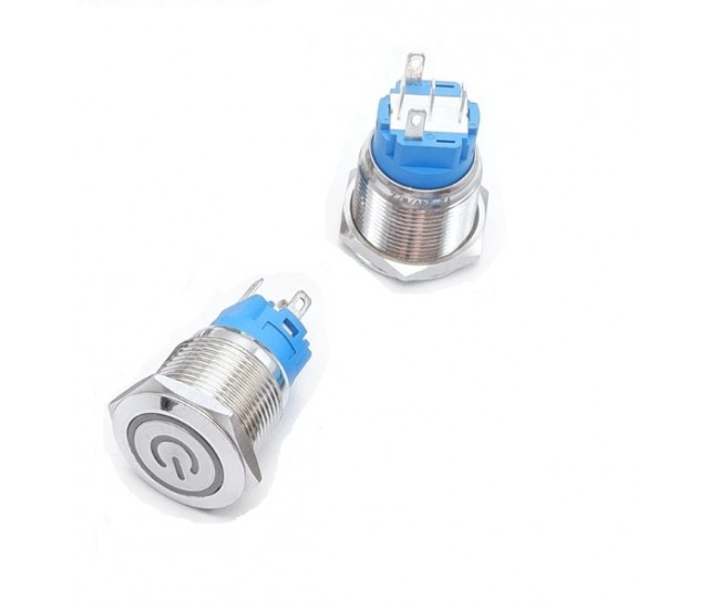 Intrerupator buton SW 4 cu retinere metal 22mm 12-24V LED albastru