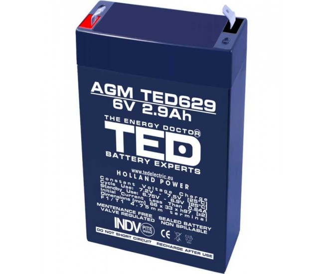 Acumulator AGM VRLA 6V 2.9Ah plumb acid 66x33x97 mm F1 terminal TED Battery Expert Holland