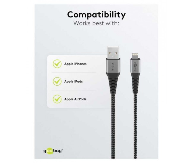 Cablu Lightning 8-Pini 0.5m Apple MFi certificat conectori metalici robust textil argintiu Goobay 49267