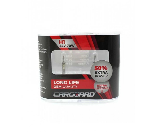 Set de 2 becuri Halogen 24V H1 70W +50% Intensitate LONG LIFE CARGUARD