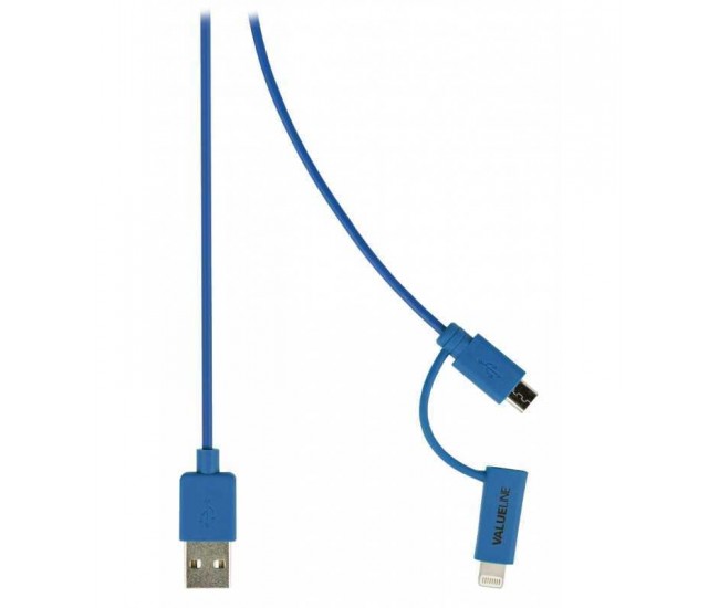 Cablu alimentare si sincronizare albastru USB 2.0 A tata - micro B tata cu adaptor lightning 1m cupru Valueline