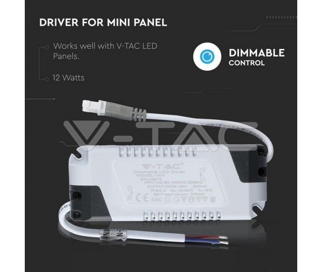 Driver pentru panou LED 12W 24-45VDC 300mA cu control variatie intensitate dimmer V-TAC