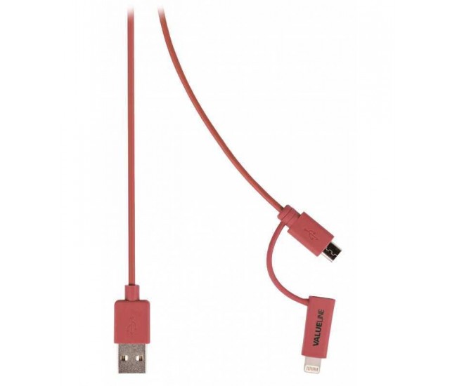 Cablu alimentare si sincronizare rosu USB 2.0 A tata - micro B tata cu adaptor lightning 1m cupru Valueline