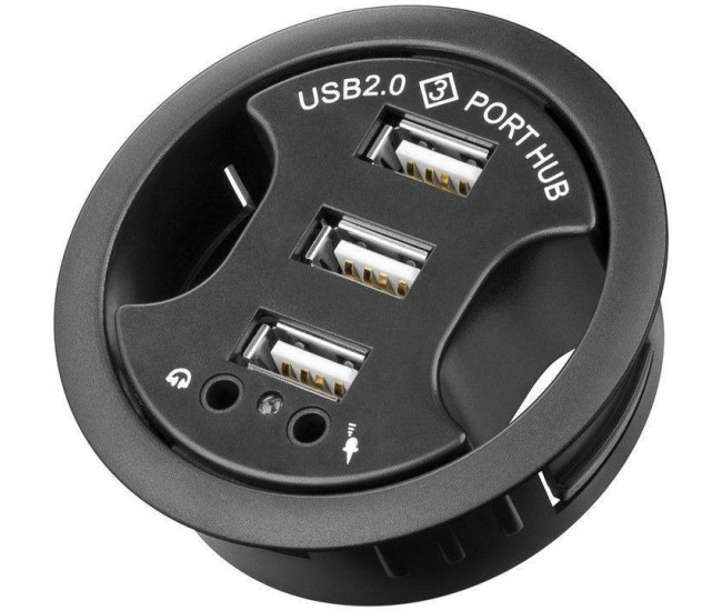 Hub USB 2.0 cu 3 porturi +audio montabil in birou negru Goobay