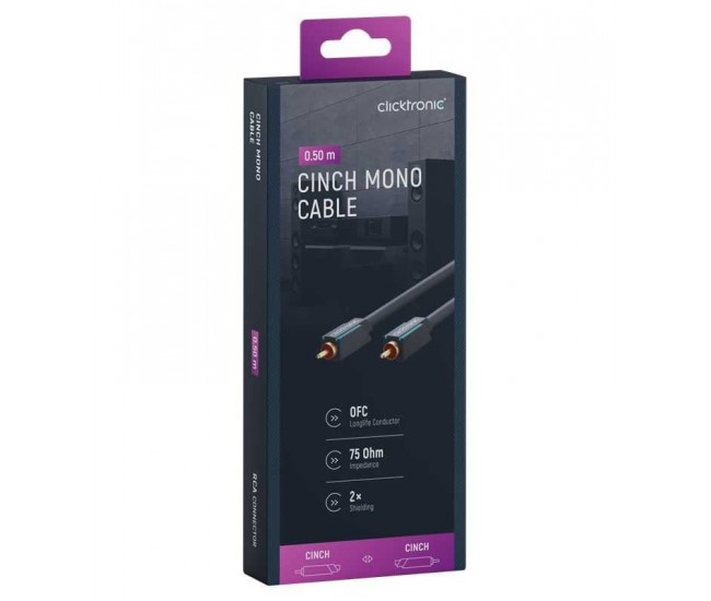 Cablu Profesional CLICKTRONIC audio 1x RCA 0.5m tata-tata aurit OFC cupru COAX 75 ohm Dublu ecranat 70442