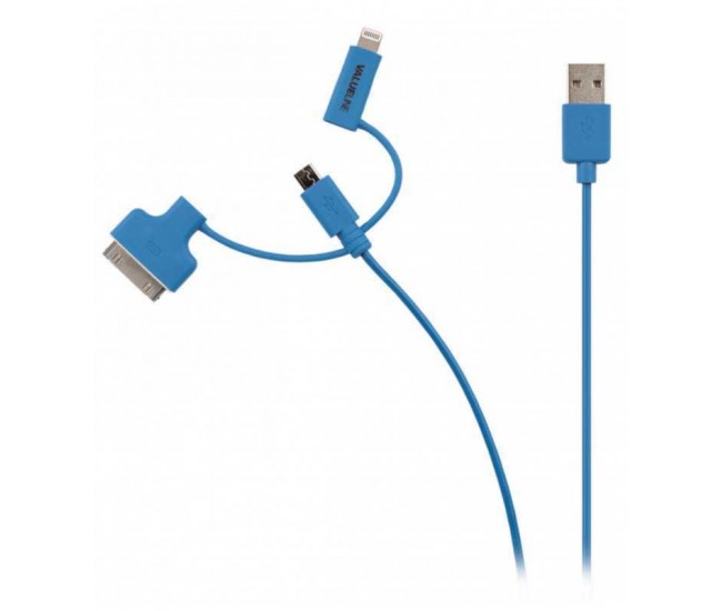 Cablu alimentare si sincronizare albastru USB 2.0 - micro USB +adaptor lightning +Apple Dock 30pini 1m cupru Valueline