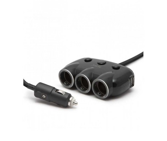 Distribuitor triplu pentru bricheta auto 12/24V 120W +2x USB 2100mAh negru M'N'C