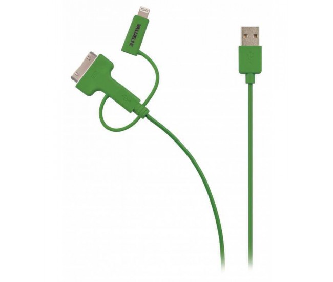 Cablu alimentare si sincronizare verde USB 2.0 - micro USB +adaptor lightning +Apple Dock 30pini 1m cupru Valueline