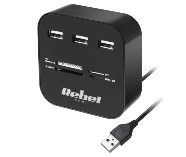 HUB 3x USB 2.0 cititor card SD/MICROSD cablu 50cm REBEL