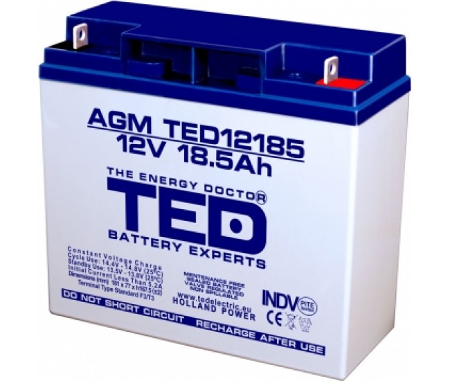 Acumulator TED 12V 18.5Ah AGM plumb acid terminal T3 181mm x 76mm x h167mm