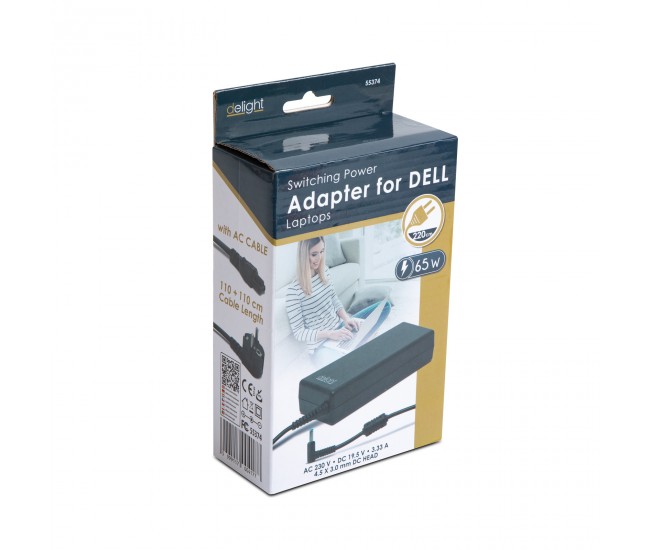 Adaptor pentru laptop Dell 65W 19.5V 3.33A conector 4.5x12.22mm / 3x10mm DELIGHT 55374