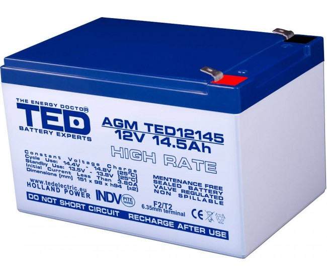 Acumulator 12V 14.5A AGM VRLA High Rate 151x98x95mm F2 TED Battery Expert Holland